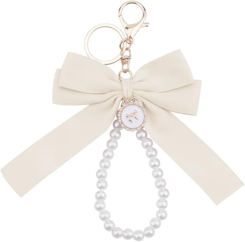 Pink Pearl Chain Bow Keychain For Women Girls White Pearl Keychain Wristlet For Purse Backpack