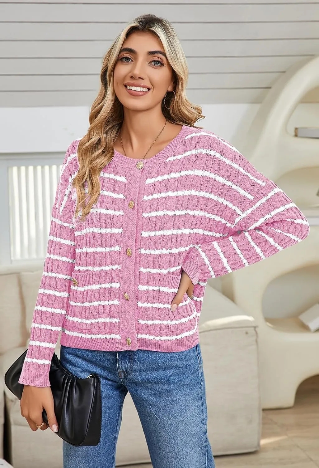 Pink Queen Women's Cable Knit Sweater Cardigan 2024 Fall Long Sleeve Crewneck Button Down Stripe Loose Cardigans Outerwear