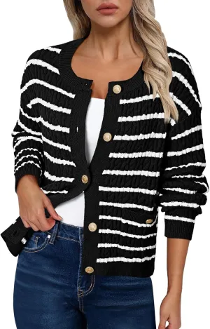 Pink Queen Women's Cable Knit Sweater Cardigan 2024 Fall Long Sleeve Crewneck Button Down Stripe Loose Cardigans Outerwear