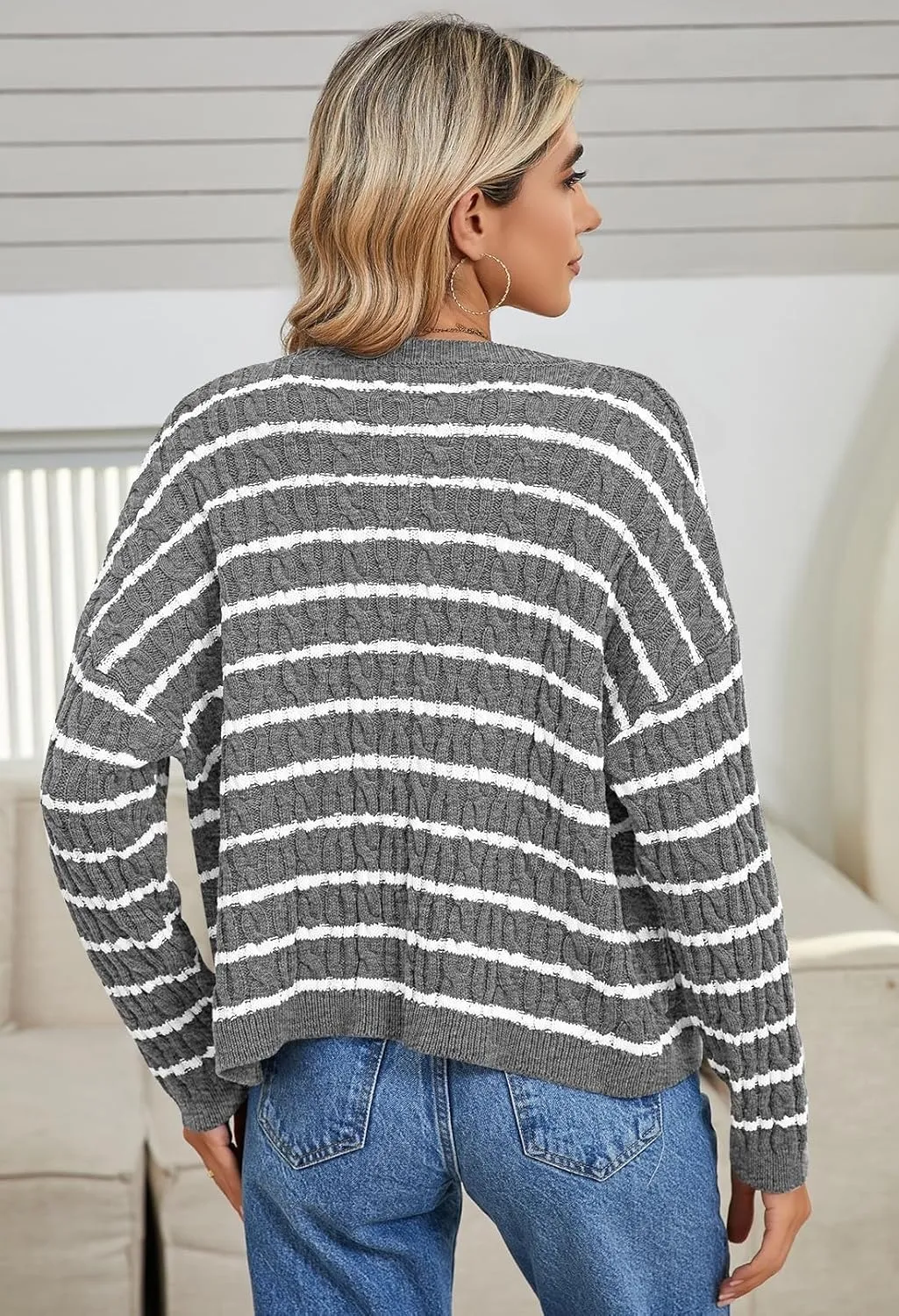 Pink Queen Women's Cable Knit Sweater Cardigan 2024 Fall Long Sleeve Crewneck Button Down Stripe Loose Cardigans Outerwear