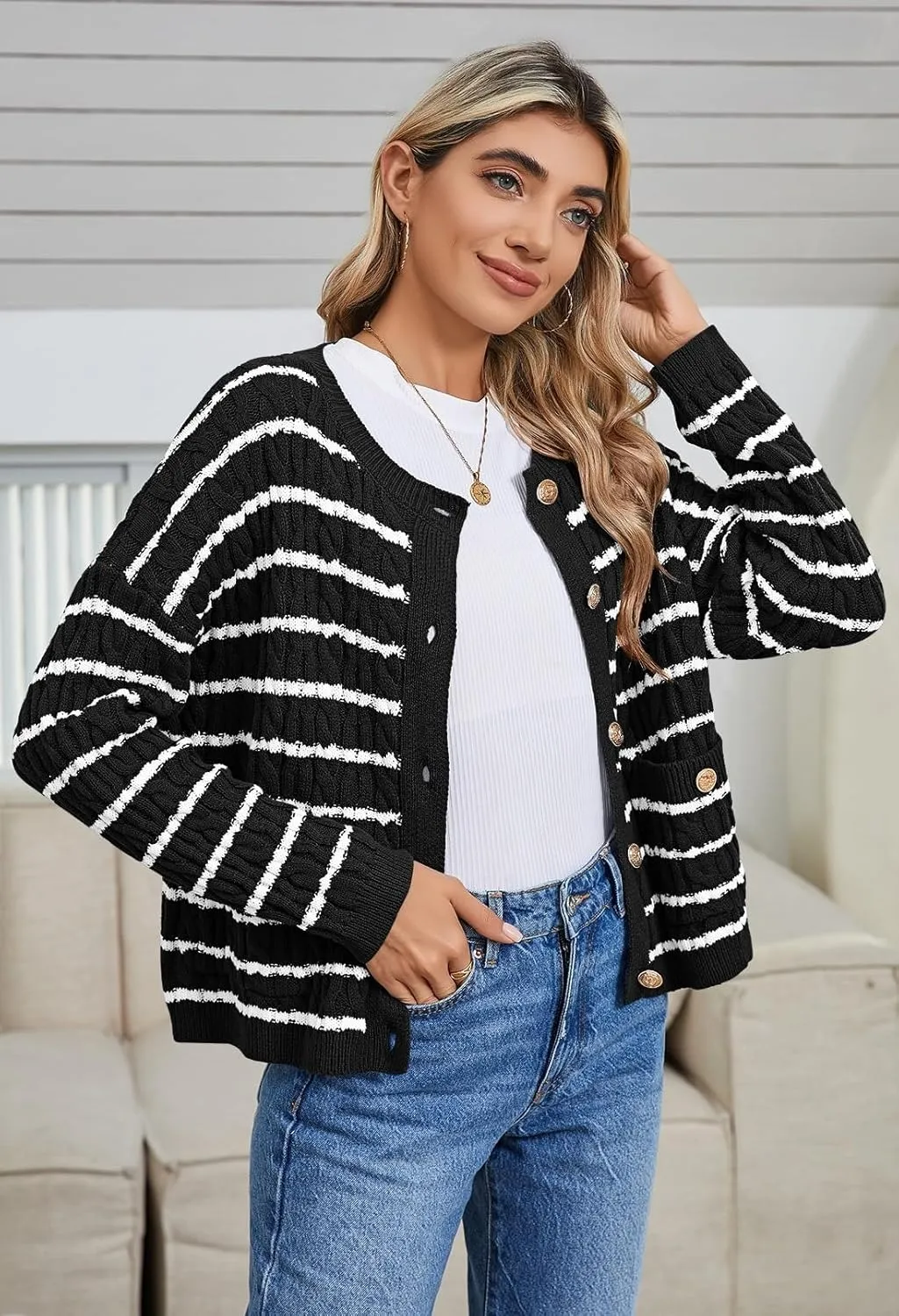 Pink Queen Women's Cable Knit Sweater Cardigan 2024 Fall Long Sleeve Crewneck Button Down Stripe Loose Cardigans Outerwear
