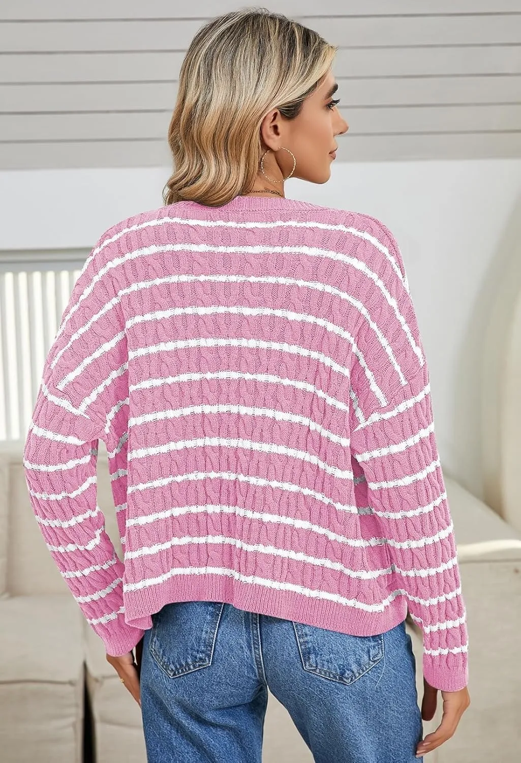 Pink Queen Women's Cable Knit Sweater Cardigan 2024 Fall Long Sleeve Crewneck Button Down Stripe Loose Cardigans Outerwear