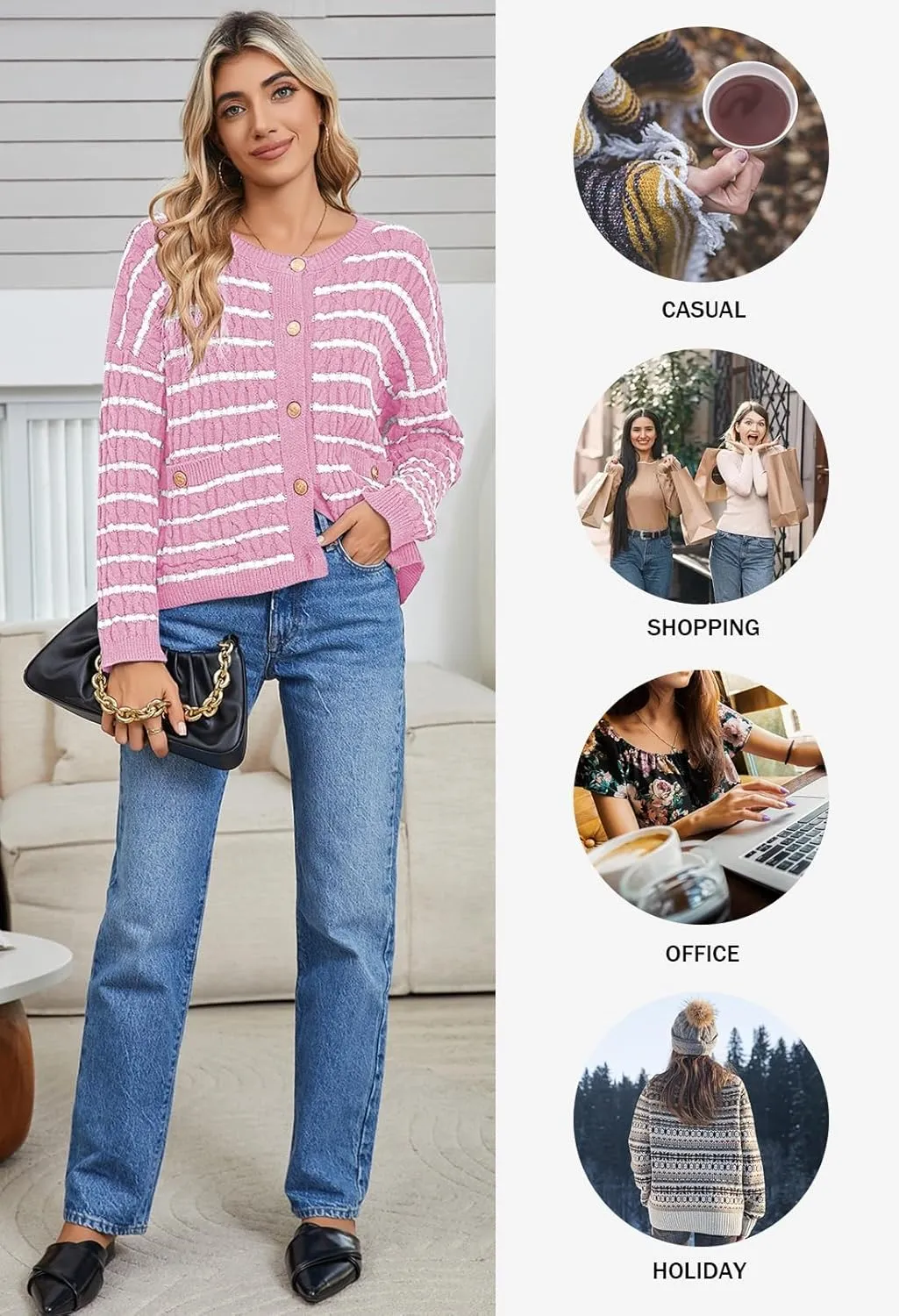 Pink Queen Women's Cable Knit Sweater Cardigan 2024 Fall Long Sleeve Crewneck Button Down Stripe Loose Cardigans Outerwear