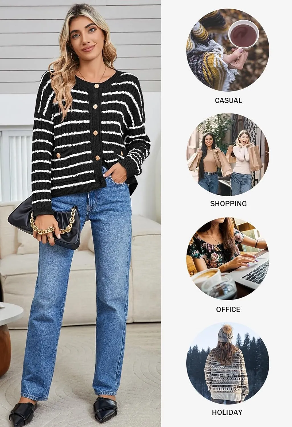 Pink Queen Women's Cable Knit Sweater Cardigan 2024 Fall Long Sleeve Crewneck Button Down Stripe Loose Cardigans Outerwear