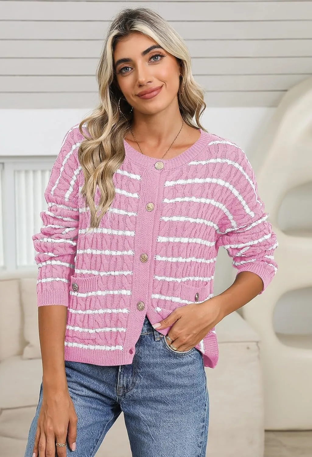 Pink Queen Women's Cable Knit Sweater Cardigan 2024 Fall Long Sleeve Crewneck Button Down Stripe Loose Cardigans Outerwear