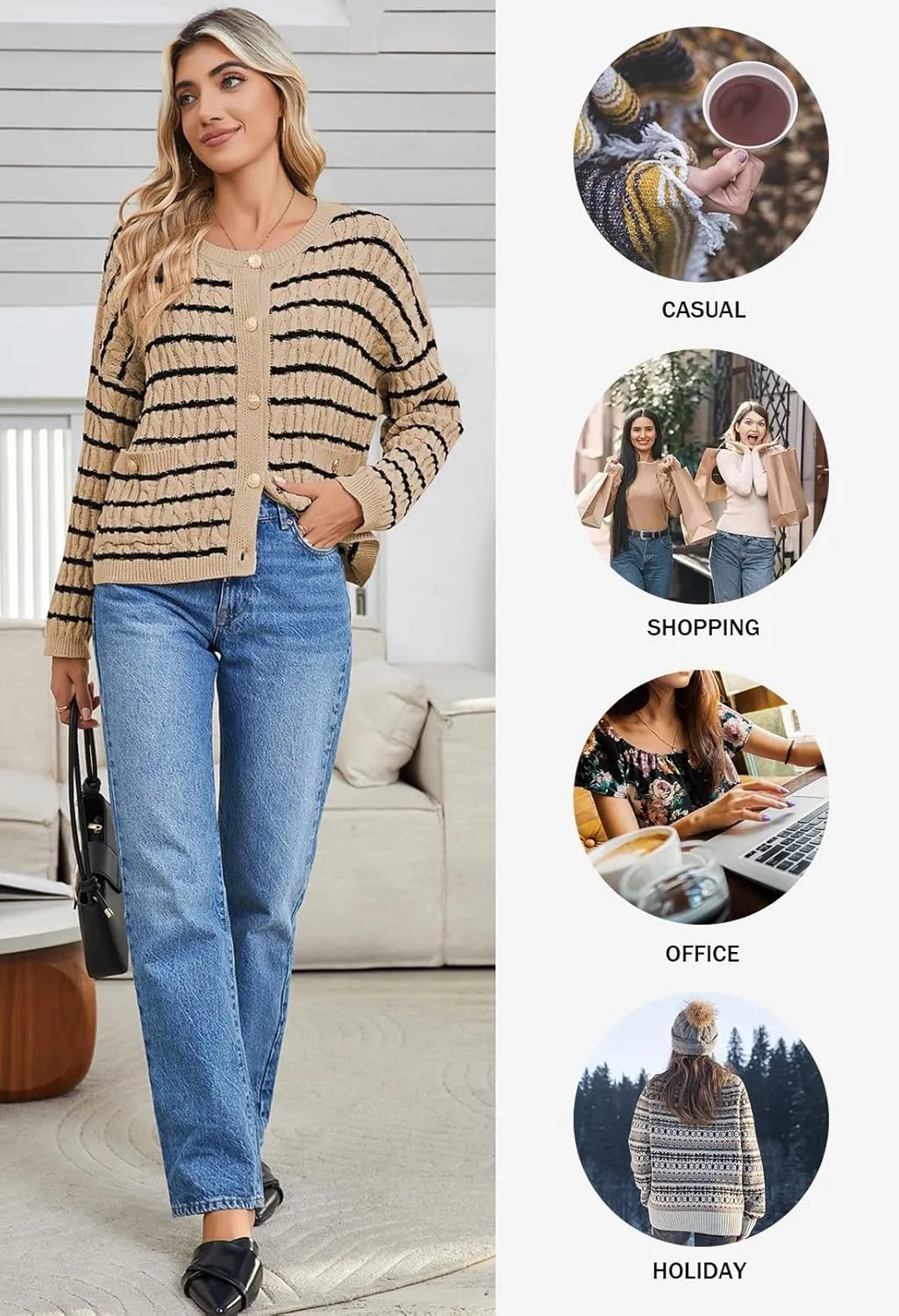 Pink Queen Women's Cable Knit Sweater Cardigan 2024 Fall Long Sleeve Crewneck Button Down Stripe Loose Cardigans Outerwear