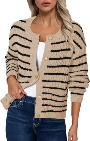 Pink Queen Women's Cable Knit Sweater Cardigan 2024 Fall Long Sleeve Crewneck Button Down Stripe Loose Cardigans Outerwear