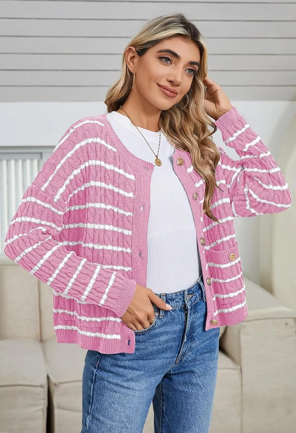 Pink Queen Women's Cable Knit Sweater Cardigan 2024 Fall Long Sleeve Crewneck Button Down Stripe Loose Cardigans Outerwear