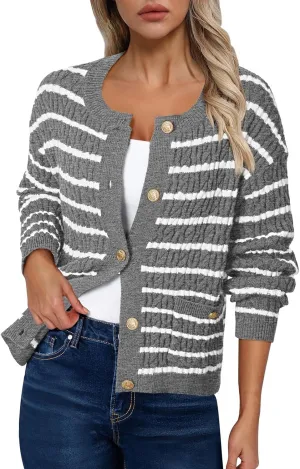 Pink Queen Women's Cable Knit Sweater Cardigan 2024 Fall Long Sleeve Crewneck Button Down Stripe Loose Cardigans Outerwear