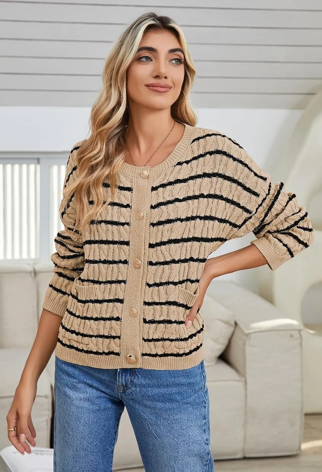 Pink Queen Women's Cable Knit Sweater Cardigan 2024 Fall Long Sleeve Crewneck Button Down Stripe Loose Cardigans Outerwear