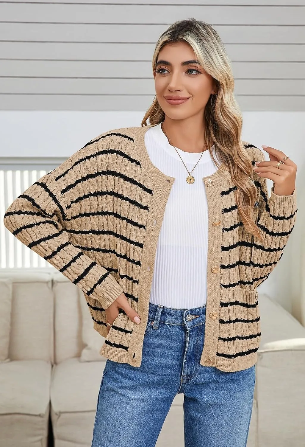 Pink Queen Women's Cable Knit Sweater Cardigan 2024 Fall Long Sleeve Crewneck Button Down Stripe Loose Cardigans Outerwear
