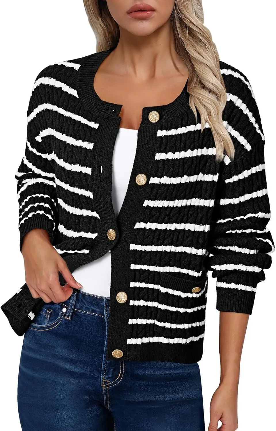 Pink Queen Women's Cable Knit Sweater Cardigan 2024 Fall Long Sleeve Crewneck Button Down Stripe Loose Cardigans Outerwear
