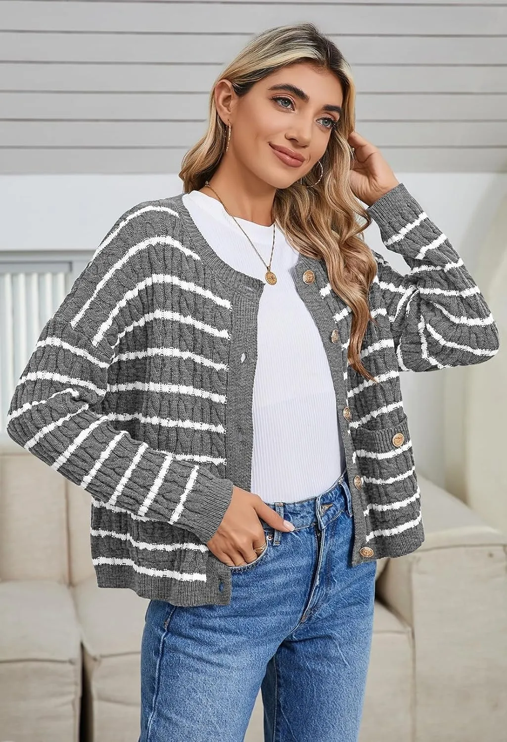 Pink Queen Women's Cable Knit Sweater Cardigan 2024 Fall Long Sleeve Crewneck Button Down Stripe Loose Cardigans Outerwear