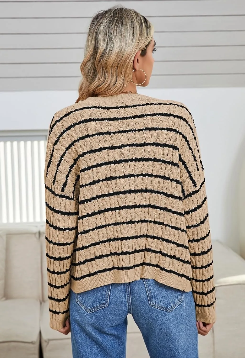 Pink Queen Women's Cable Knit Sweater Cardigan 2024 Fall Long Sleeve Crewneck Button Down Stripe Loose Cardigans Outerwear