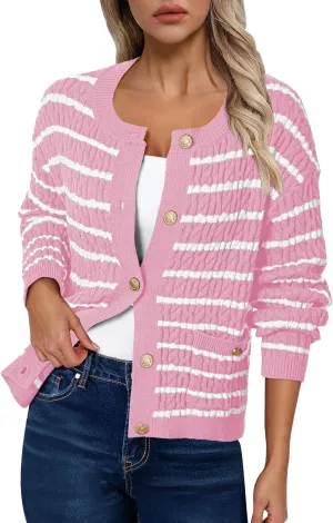 Pink Queen Women's Cable Knit Sweater Cardigan 2024 Fall Long Sleeve Crewneck Button Down Stripe Loose Cardigans Outerwear