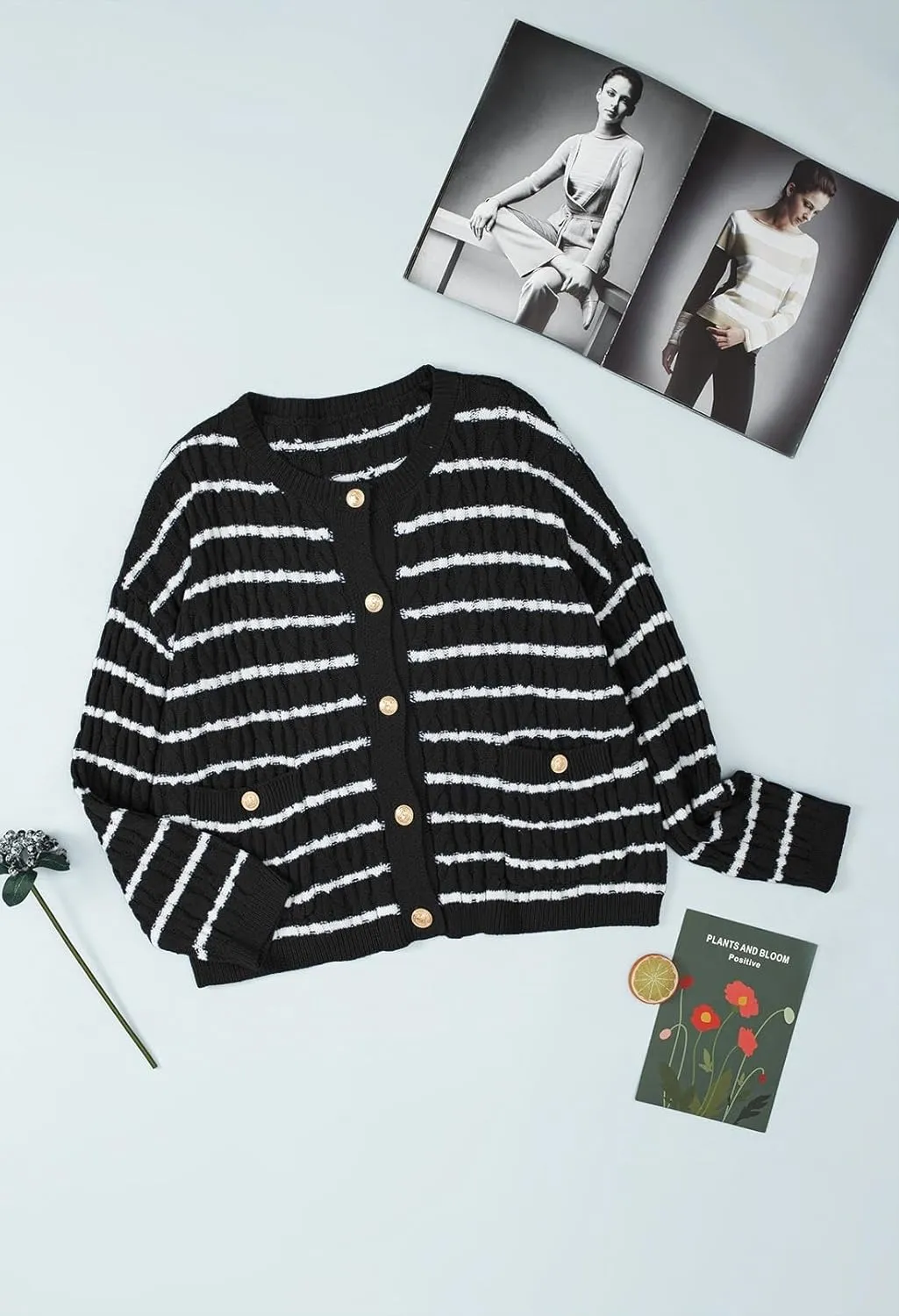 Pink Queen Women's Cable Knit Sweater Cardigan 2024 Fall Long Sleeve Crewneck Button Down Stripe Loose Cardigans Outerwear