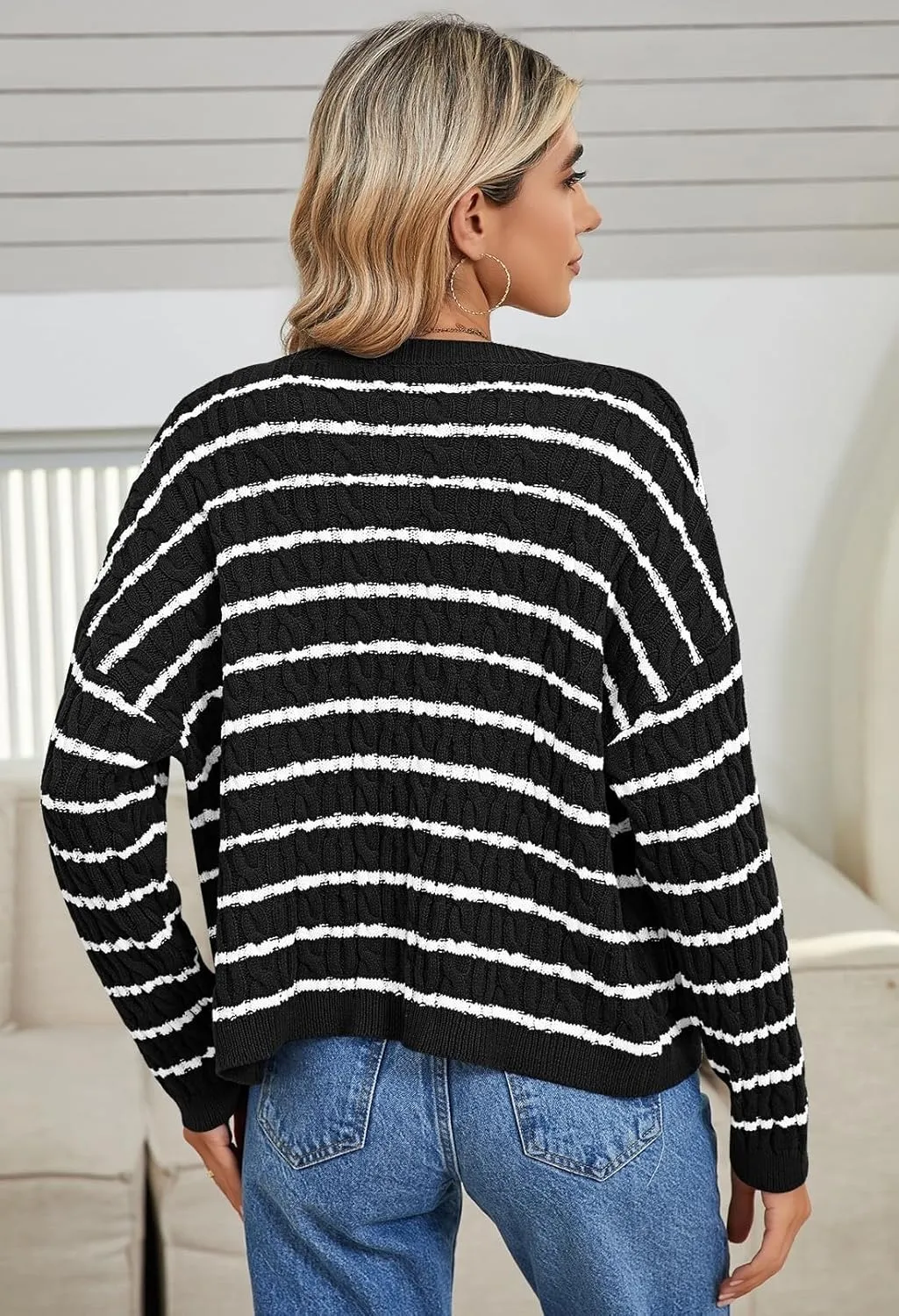 Pink Queen Women's Cable Knit Sweater Cardigan 2024 Fall Long Sleeve Crewneck Button Down Stripe Loose Cardigans Outerwear