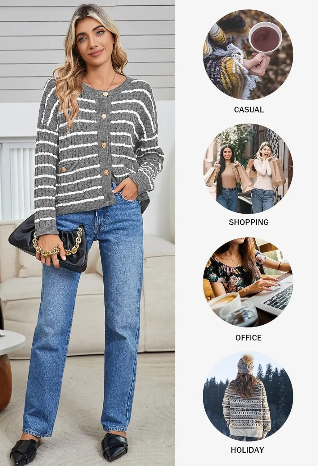 Pink Queen Women's Cable Knit Sweater Cardigan 2024 Fall Long Sleeve Crewneck Button Down Stripe Loose Cardigans Outerwear