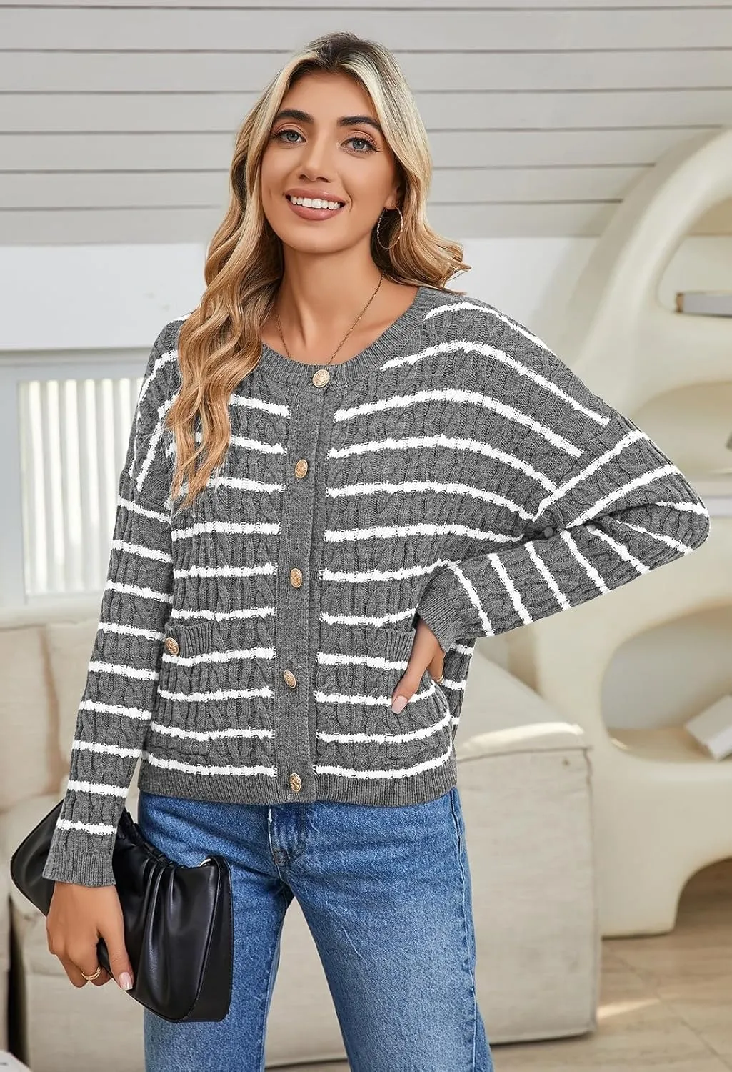Pink Queen Women's Cable Knit Sweater Cardigan 2024 Fall Long Sleeve Crewneck Button Down Stripe Loose Cardigans Outerwear
