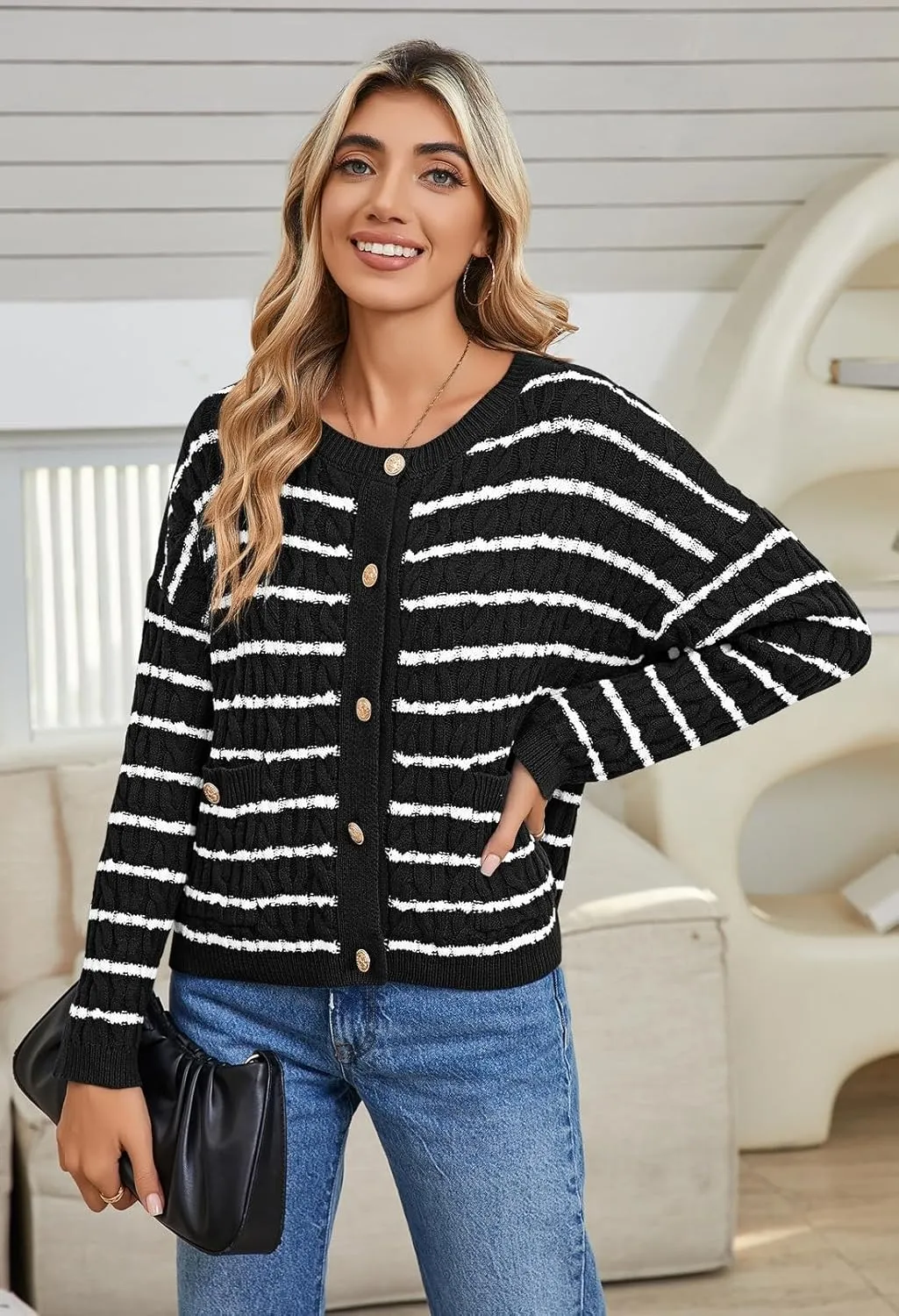 Pink Queen Women's Cable Knit Sweater Cardigan 2024 Fall Long Sleeve Crewneck Button Down Stripe Loose Cardigans Outerwear