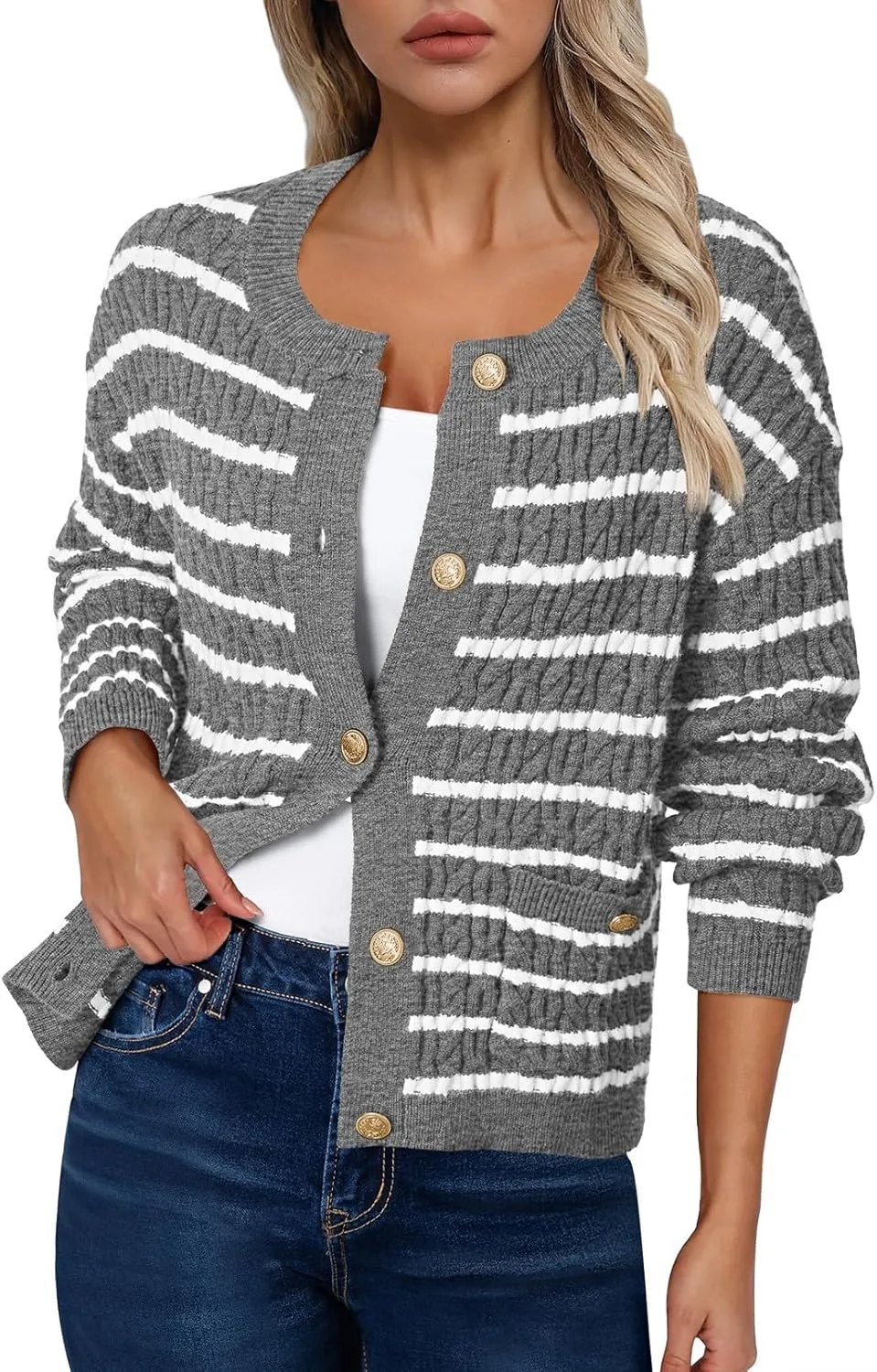 Pink Queen Women's Cable Knit Sweater Cardigan 2024 Fall Long Sleeve Crewneck Button Down Stripe Loose Cardigans Outerwear