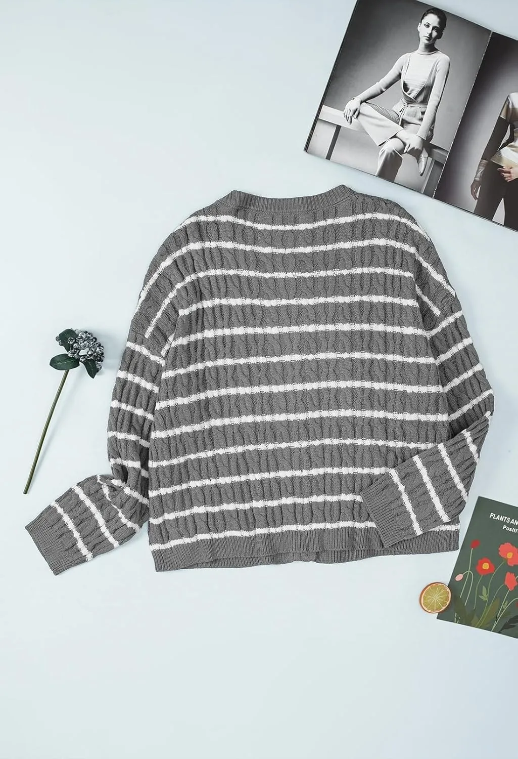 Pink Queen Women's Cable Knit Sweater Cardigan 2024 Fall Long Sleeve Crewneck Button Down Stripe Loose Cardigans Outerwear
