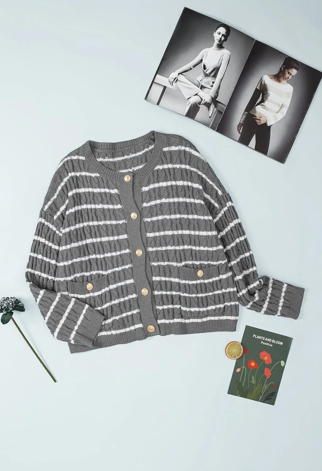 Pink Queen Women's Cable Knit Sweater Cardigan 2024 Fall Long Sleeve Crewneck Button Down Stripe Loose Cardigans Outerwear