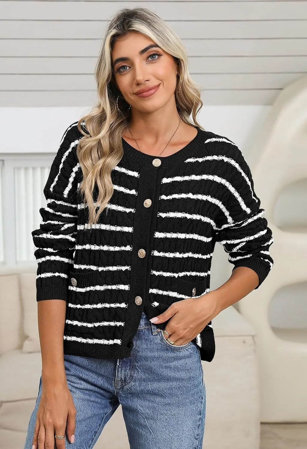 Pink Queen Women's Cable Knit Sweater Cardigan 2024 Fall Long Sleeve Crewneck Button Down Stripe Loose Cardigans Outerwear