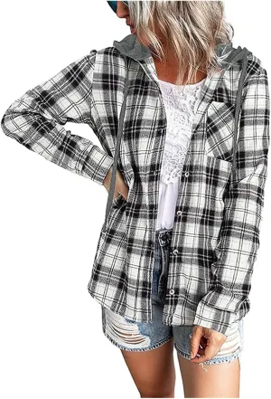Plaid Jacket Women Flannel Shacket Casual Long Sleeve Hooded Jackets Lightweight Button Down Shirts