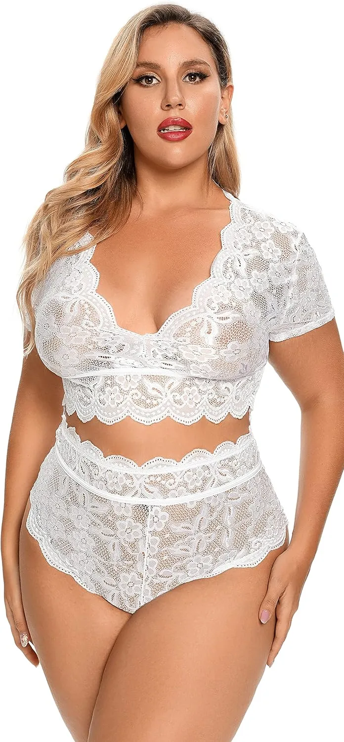Plus Size 2 Piece Lingerie Set for Women Sexy Deep V Allover Lace Bra and Panty High Waist Nightwear Clubwear