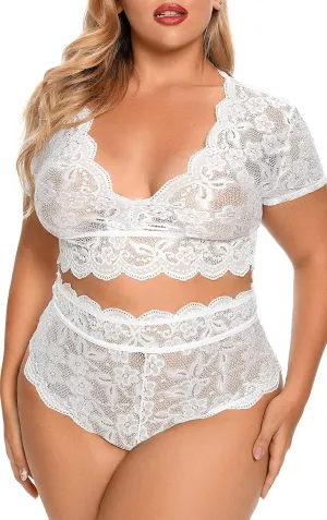 Plus Size 2 Piece Lingerie Set for Women Sexy Deep V Allover Lace Bra and Panty High Waist Nightwear Clubwear