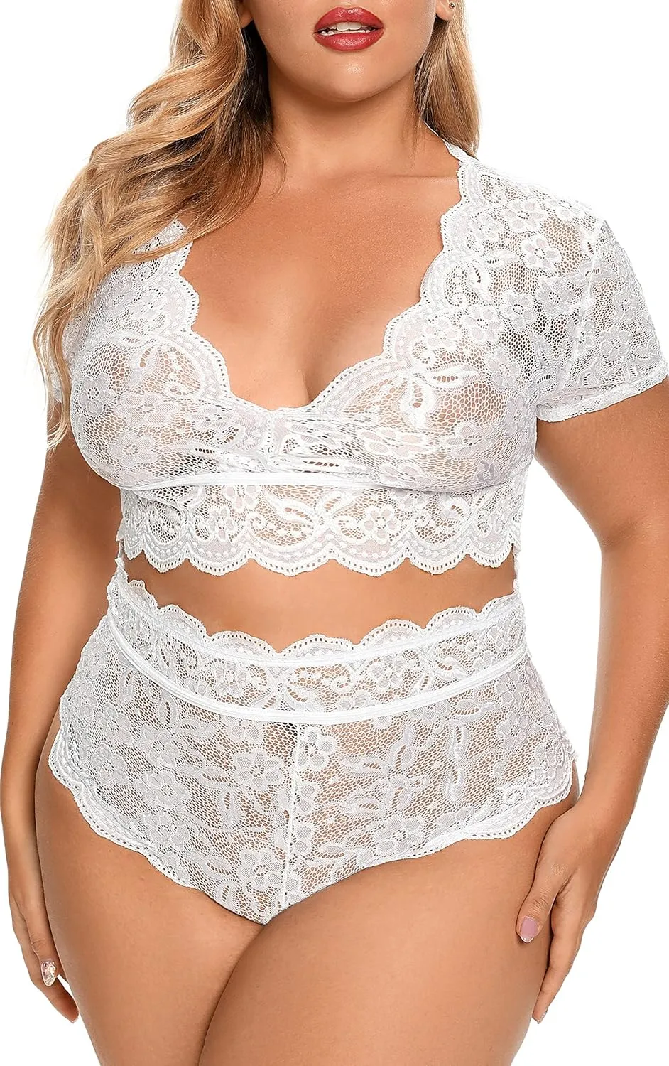 Plus Size 2 Piece Lingerie Set for Women Sexy Deep V Allover Lace Bra and Panty High Waist Nightwear Clubwear