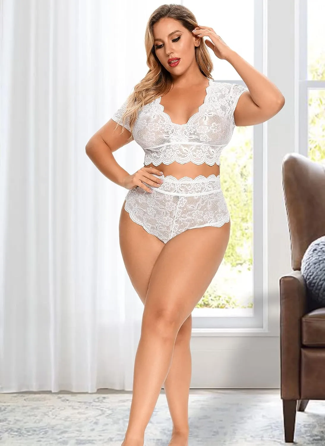 Plus Size 2 Piece Lingerie Set for Women Sexy Deep V Allover Lace Bra and Panty High Waist Nightwear Clubwear