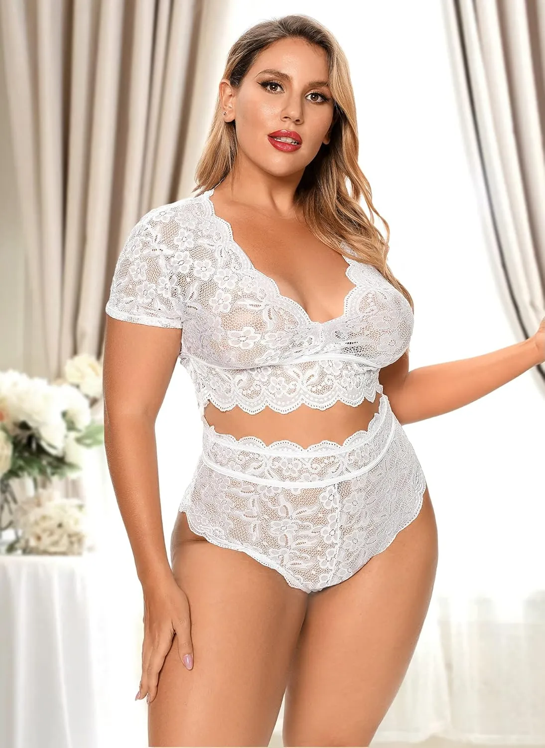 Plus Size 2 Piece Lingerie Set for Women Sexy Deep V Allover Lace Bra and Panty High Waist Nightwear Clubwear