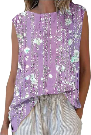 Plus Size Womens Tank Tops Sleeveless Round Neck Floral Printed Lightweight Summer Vests Casual Loose Thin Style Vest