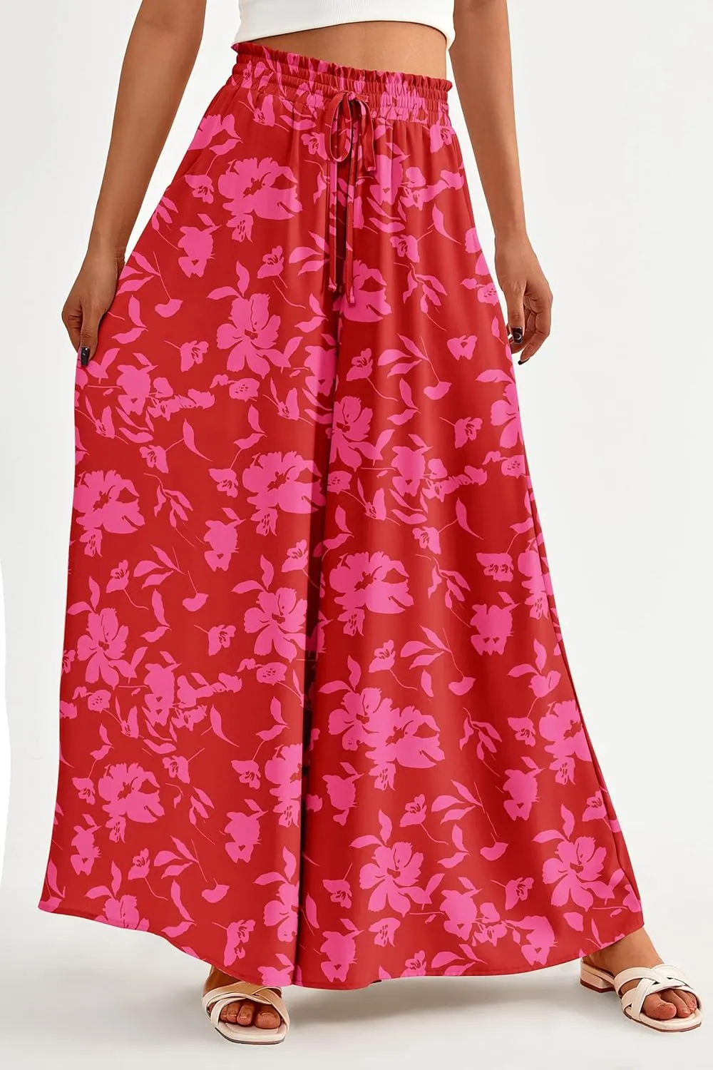 PRETTYGARDEN Women's 2025 Summer Wide Leg Palazzo Pants High Waisted Flowy Pockets Trendy Casual Lounge Boho Beach Trousers