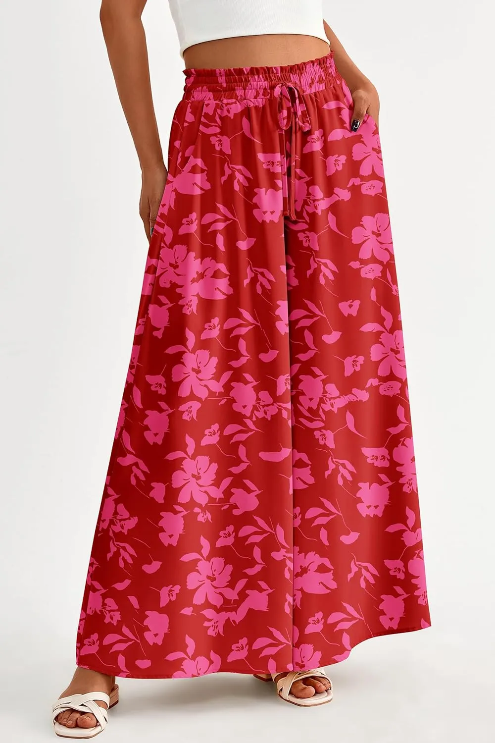 PRETTYGARDEN Women's 2025 Summer Wide Leg Palazzo Pants High Waisted Flowy Pockets Trendy Casual Lounge Boho Beach Trousers