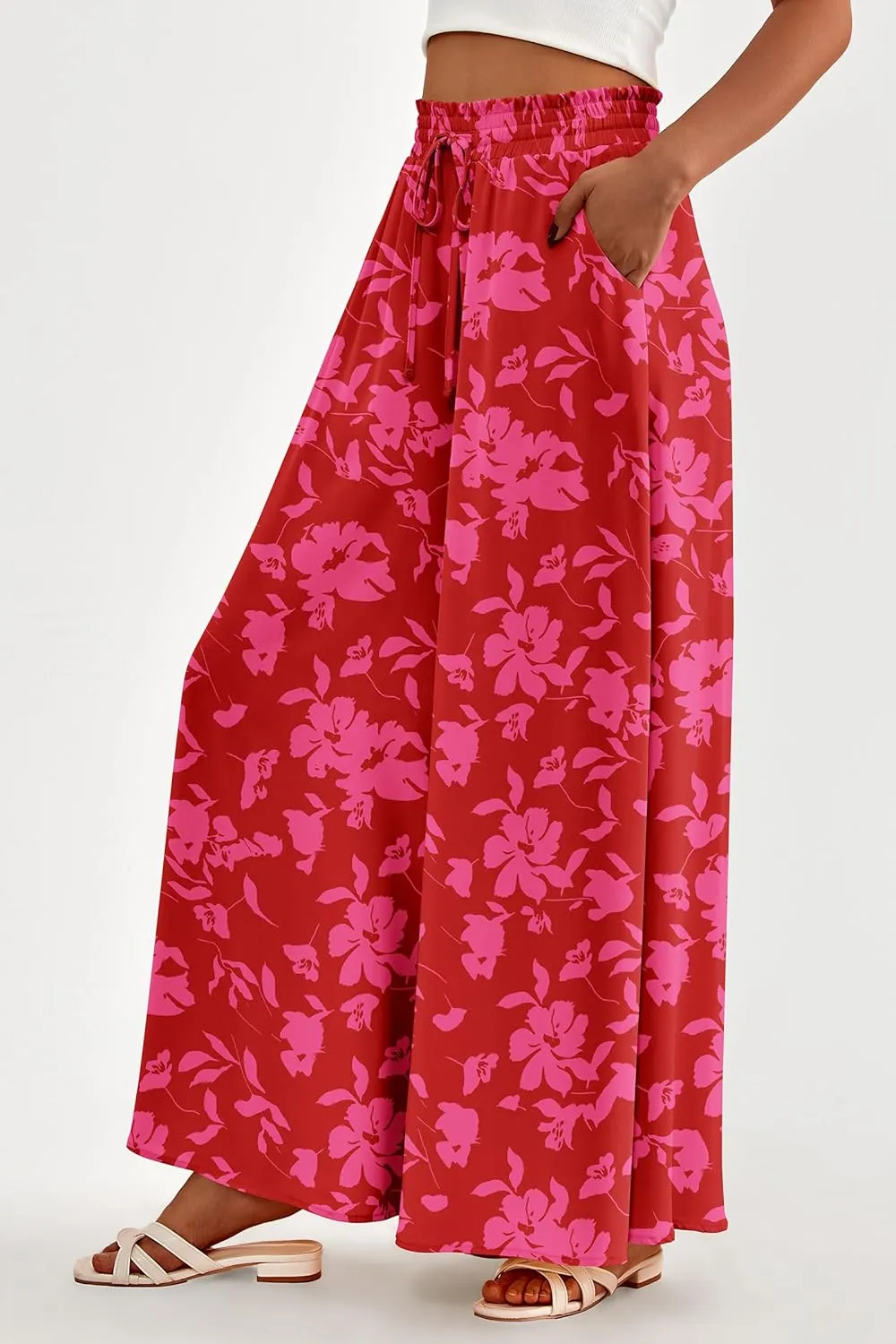 PRETTYGARDEN Women's 2025 Summer Wide Leg Palazzo Pants High Waisted Flowy Pockets Trendy Casual Lounge Boho Beach Trousers