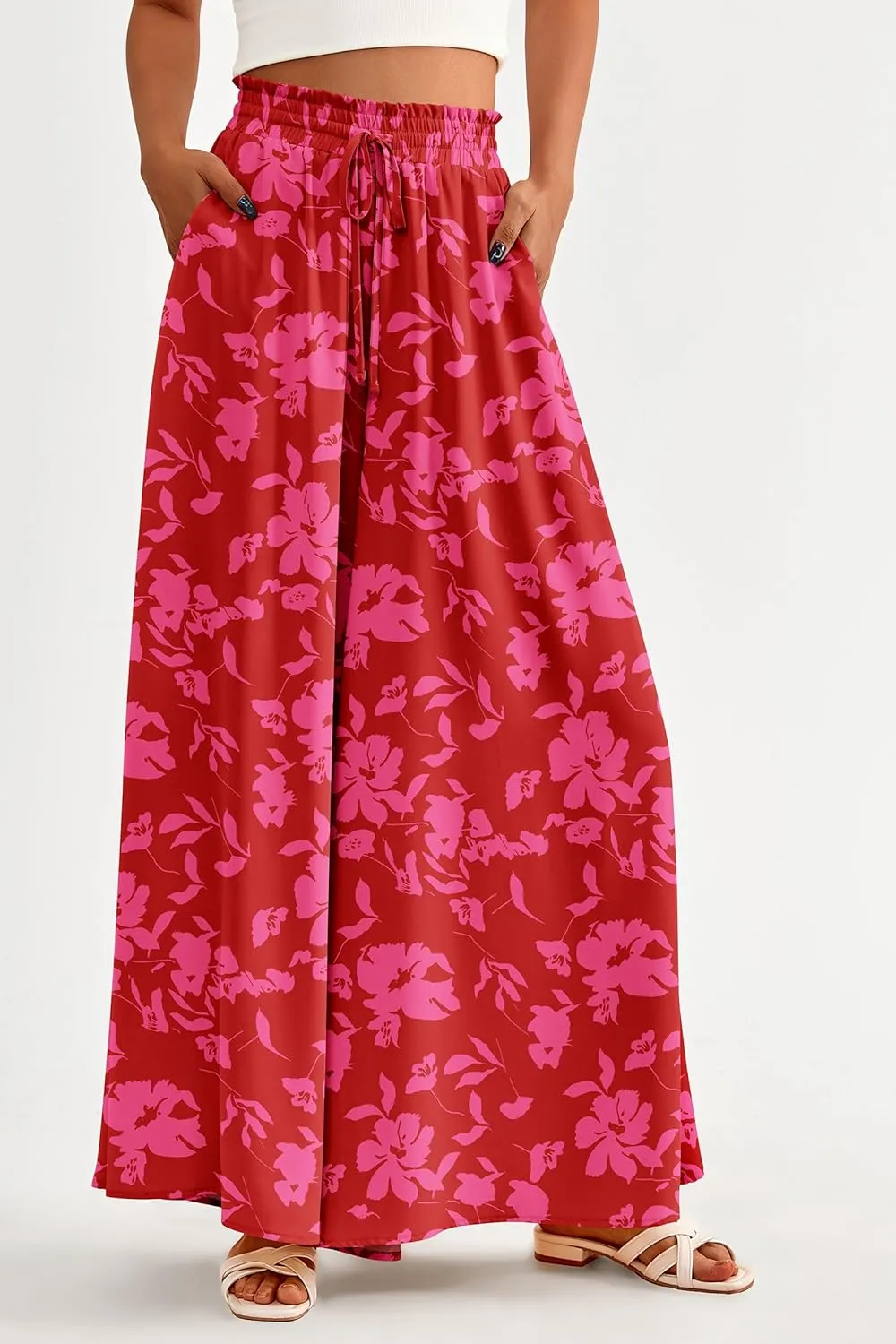 PRETTYGARDEN Women's 2025 Summer Wide Leg Palazzo Pants High Waisted Flowy Pockets Trendy Casual Lounge Boho Beach Trousers