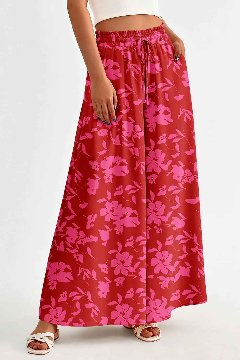 PRETTYGARDEN Women's 2025 Summer Wide Leg Palazzo Pants High Waisted Flowy Pockets Trendy Casual Lounge Boho Beach Trousers