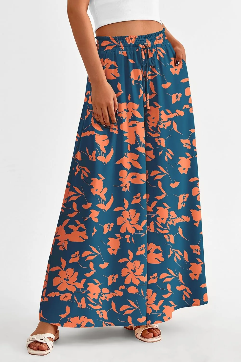 PRETTYGARDEN Women's 2025 Summer Wide Leg Palazzo Pants High Waisted Flowy Pockets Trendy Casual Lounge Boho Beach Trousers