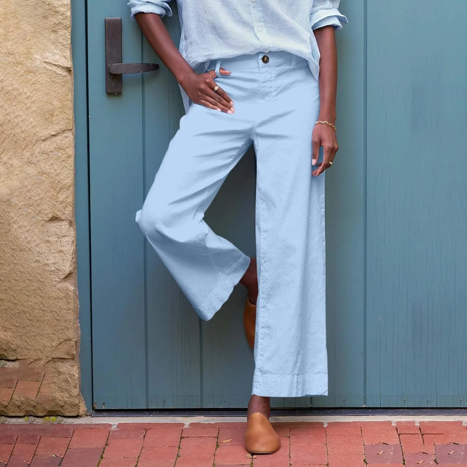 PTOLOCIF Cotton Linen Pants Women,Cotton Linen Palazzo Pants Drawstring Elastic Waist Beach Pants Wide Leg Dress Pants