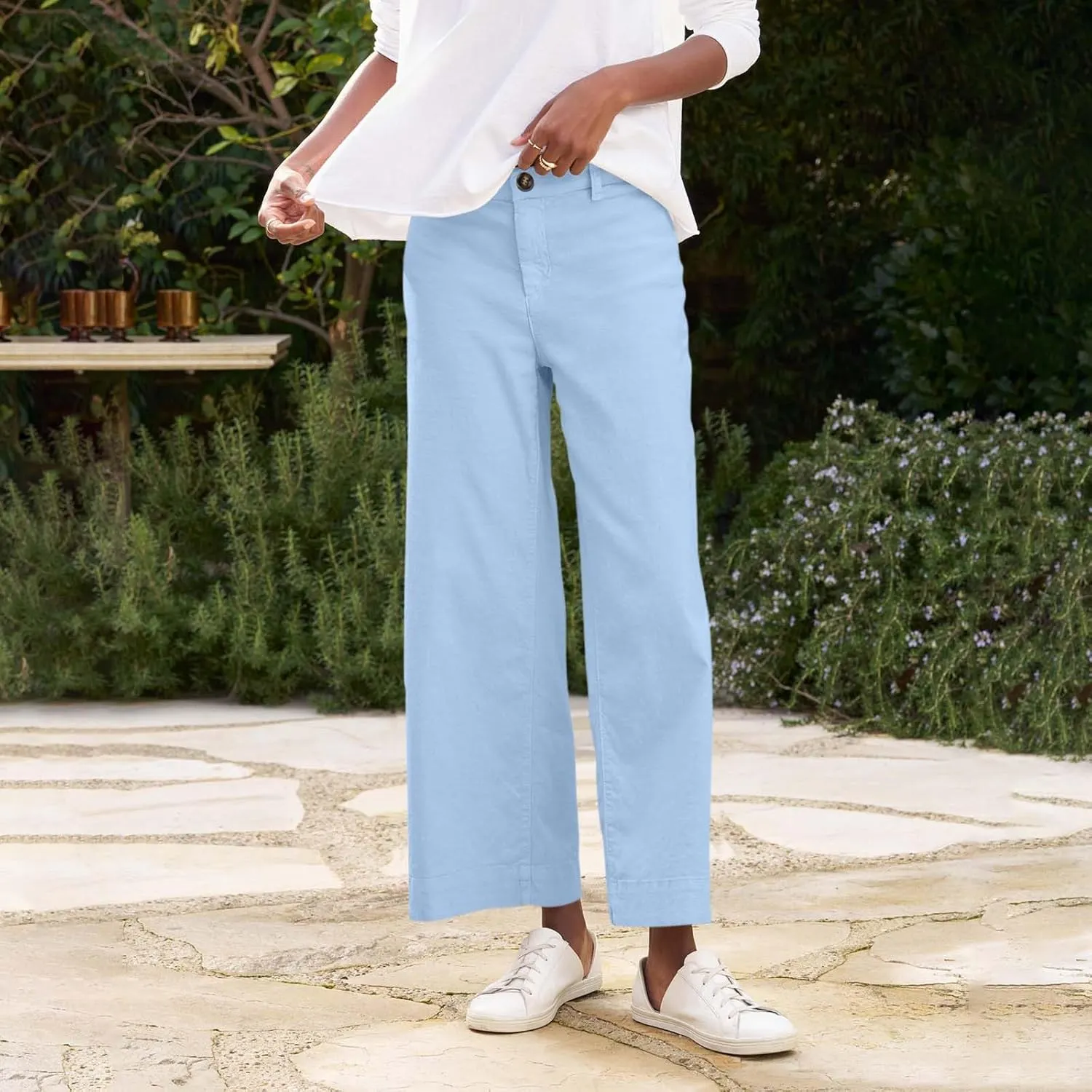 PTOLOCIF Cotton Linen Pants Women,Cotton Linen Palazzo Pants Drawstring Elastic Waist Beach Pants Wide Leg Dress Pants