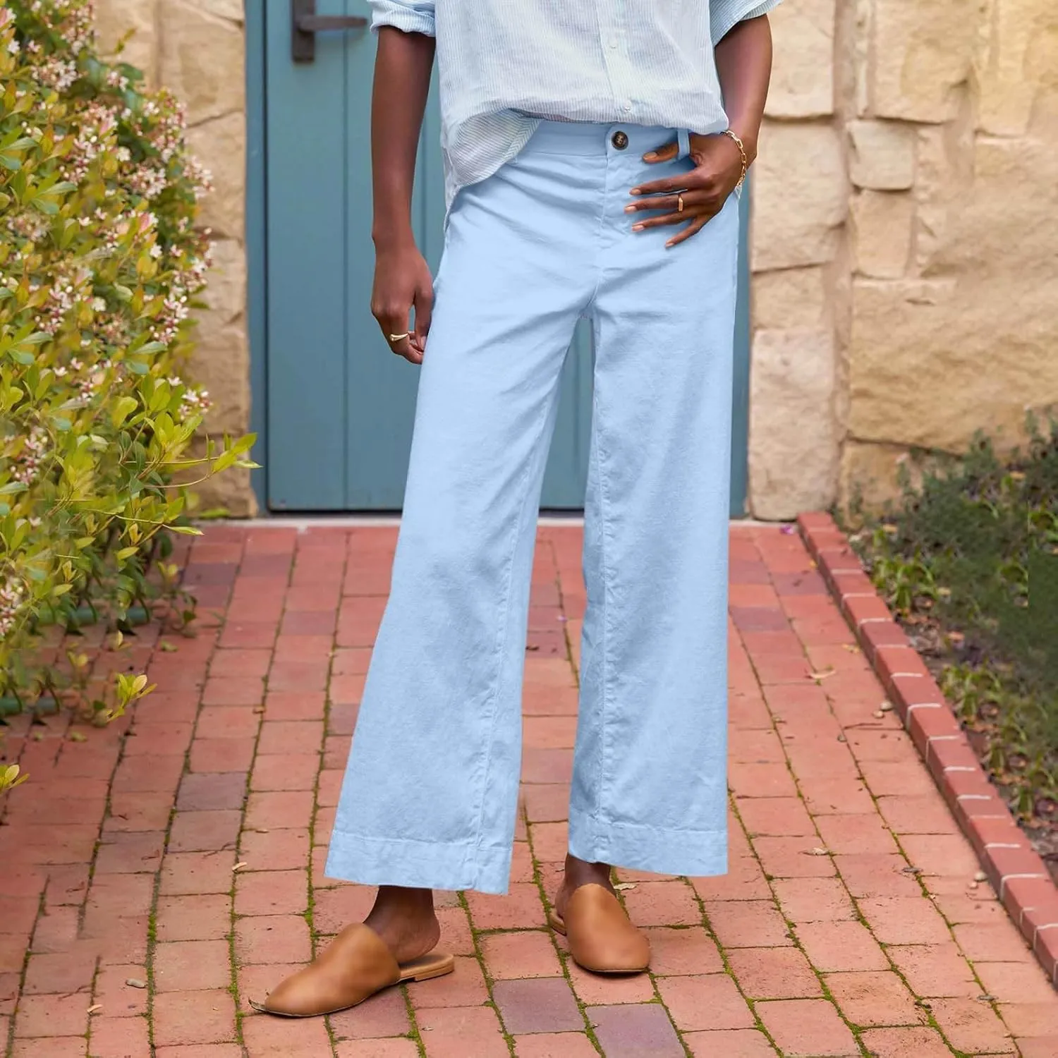 PTOLOCIF Cotton Linen Pants Women,Cotton Linen Palazzo Pants Drawstring Elastic Waist Beach Pants Wide Leg Dress Pants