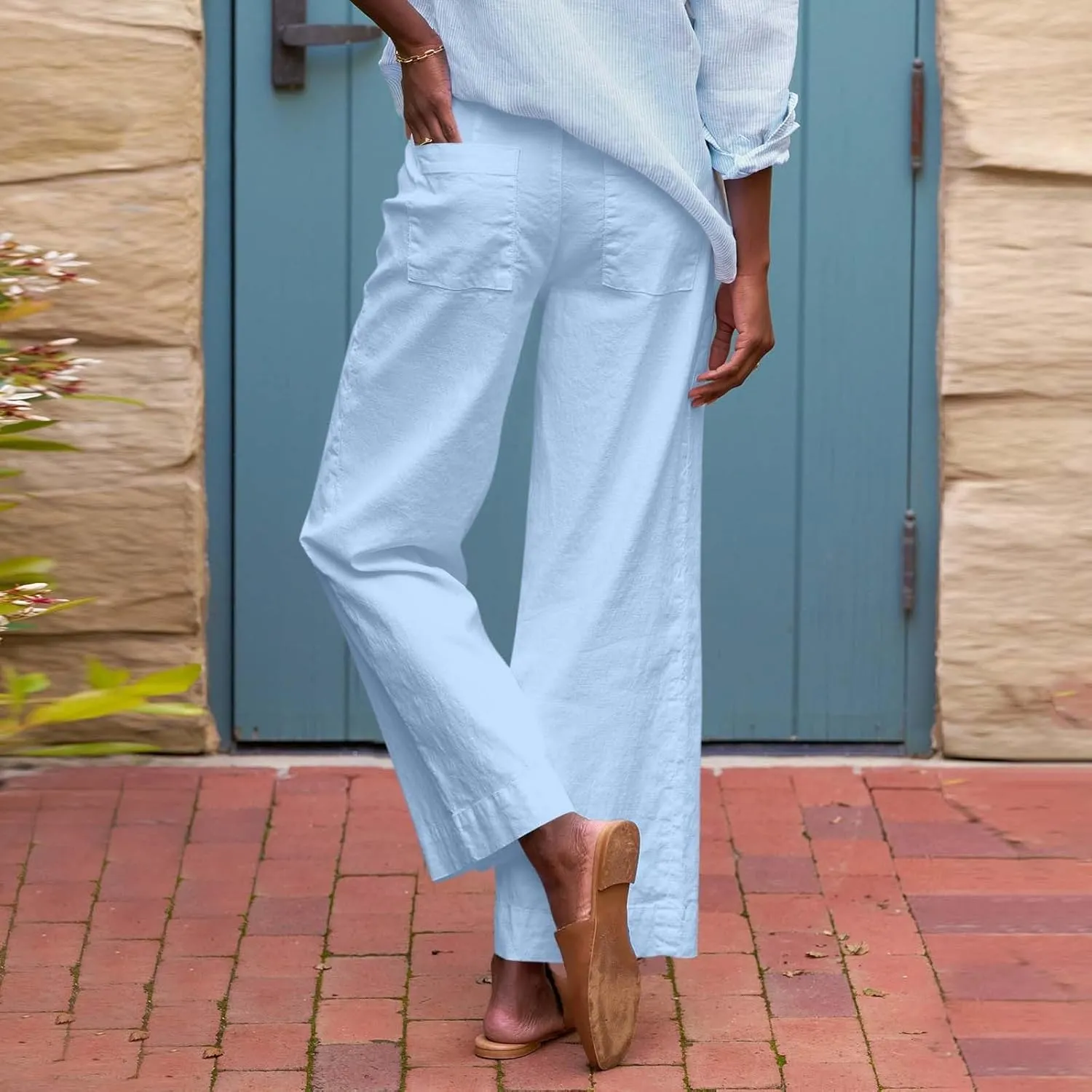 PTOLOCIF Cotton Linen Pants Women,Cotton Linen Palazzo Pants Drawstring Elastic Waist Beach Pants Wide Leg Dress Pants