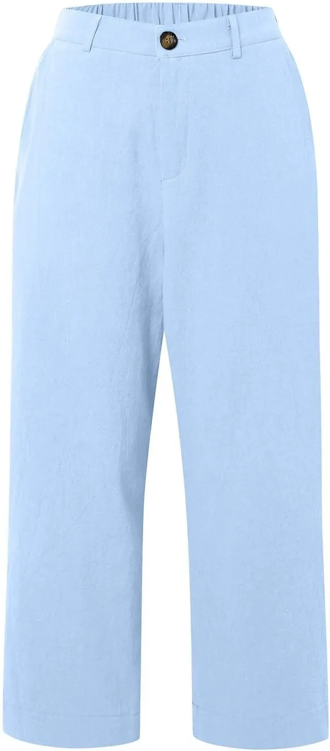 PTOLOCIF Cotton Linen Pants Women,Cotton Linen Palazzo Pants Drawstring Elastic Waist Beach Pants Wide Leg Dress Pants