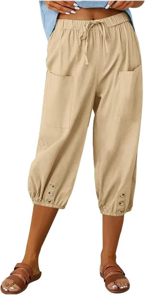 PTOLOCIF Linen Pants for Women,Lightweight Boho Pants Drawstring Elastic Waist Pants High Waisted Beach Palazzo Pants