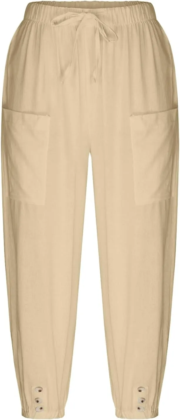 PTOLOCIF Linen Pants for Women,Lightweight Boho Pants Drawstring Elastic Waist Pants High Waisted Beach Palazzo Pants