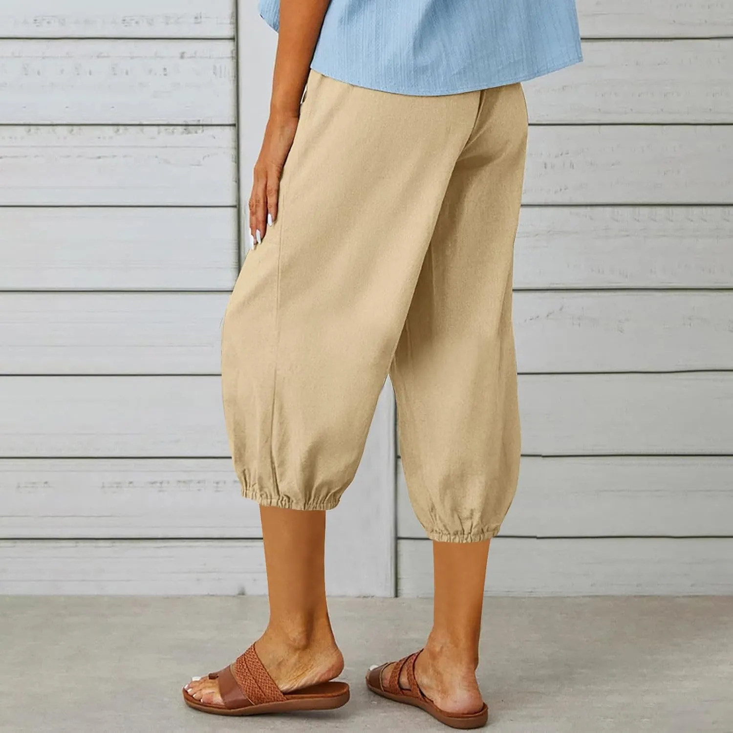 PTOLOCIF Linen Pants for Women,Lightweight Boho Pants Drawstring Elastic Waist Pants High Waisted Beach Palazzo Pants