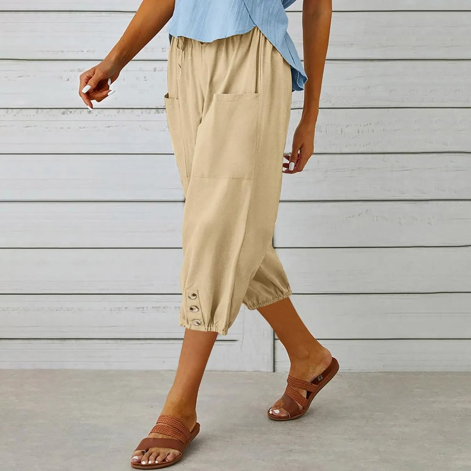 PTOLOCIF Linen Pants for Women,Lightweight Boho Pants Drawstring Elastic Waist Pants High Waisted Beach Palazzo Pants